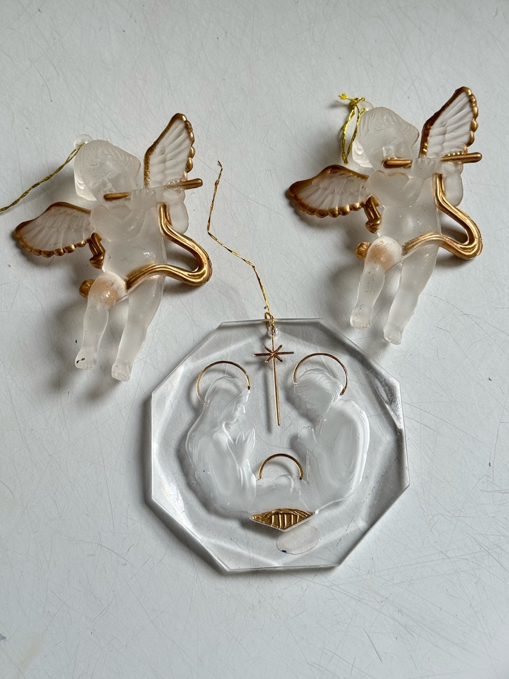 Set of 3 Gold Vintage 90s Plastic Angel Nativity Scene Christmas Tree Ornaments